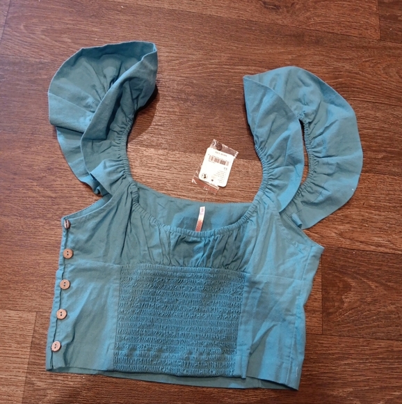 Free People Blue Ruffled Cap Sleeve Crop Top New - Picture 3 of 4
